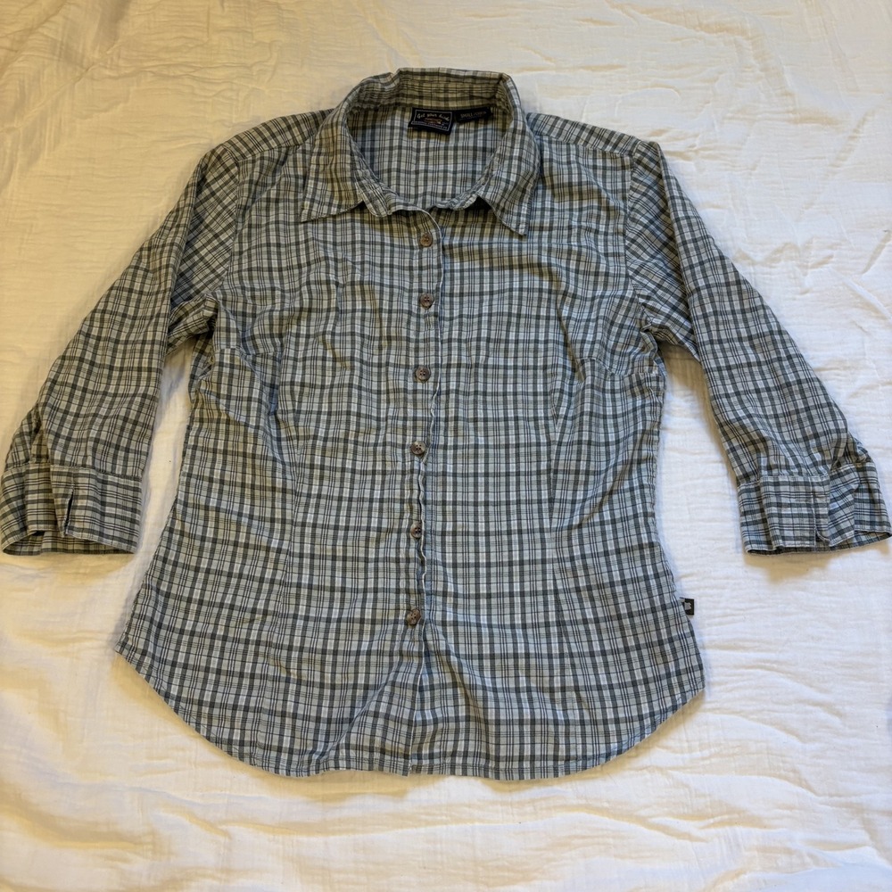 Route 66 Button Up Shirt Plaid Cotton Grey White 3/4 Sleeve Casual S